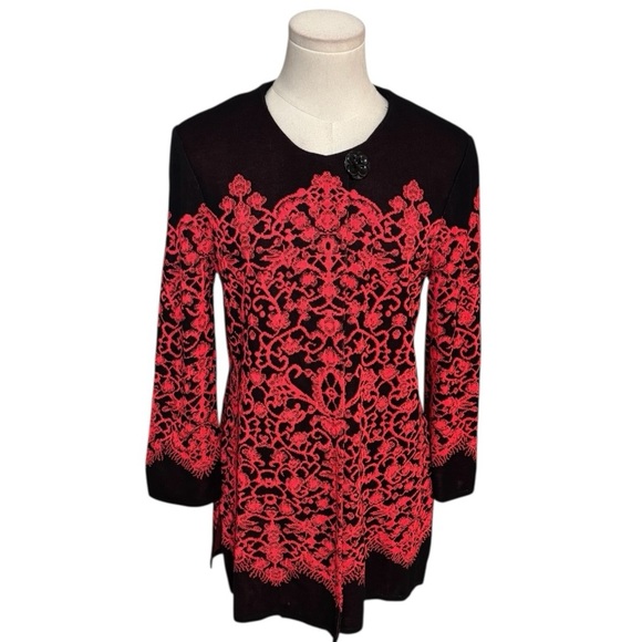 MISOOK Lace Print Long Jacket Cardigan Sweater Red‎ Black Size S Button Work - Picture 3 of 9